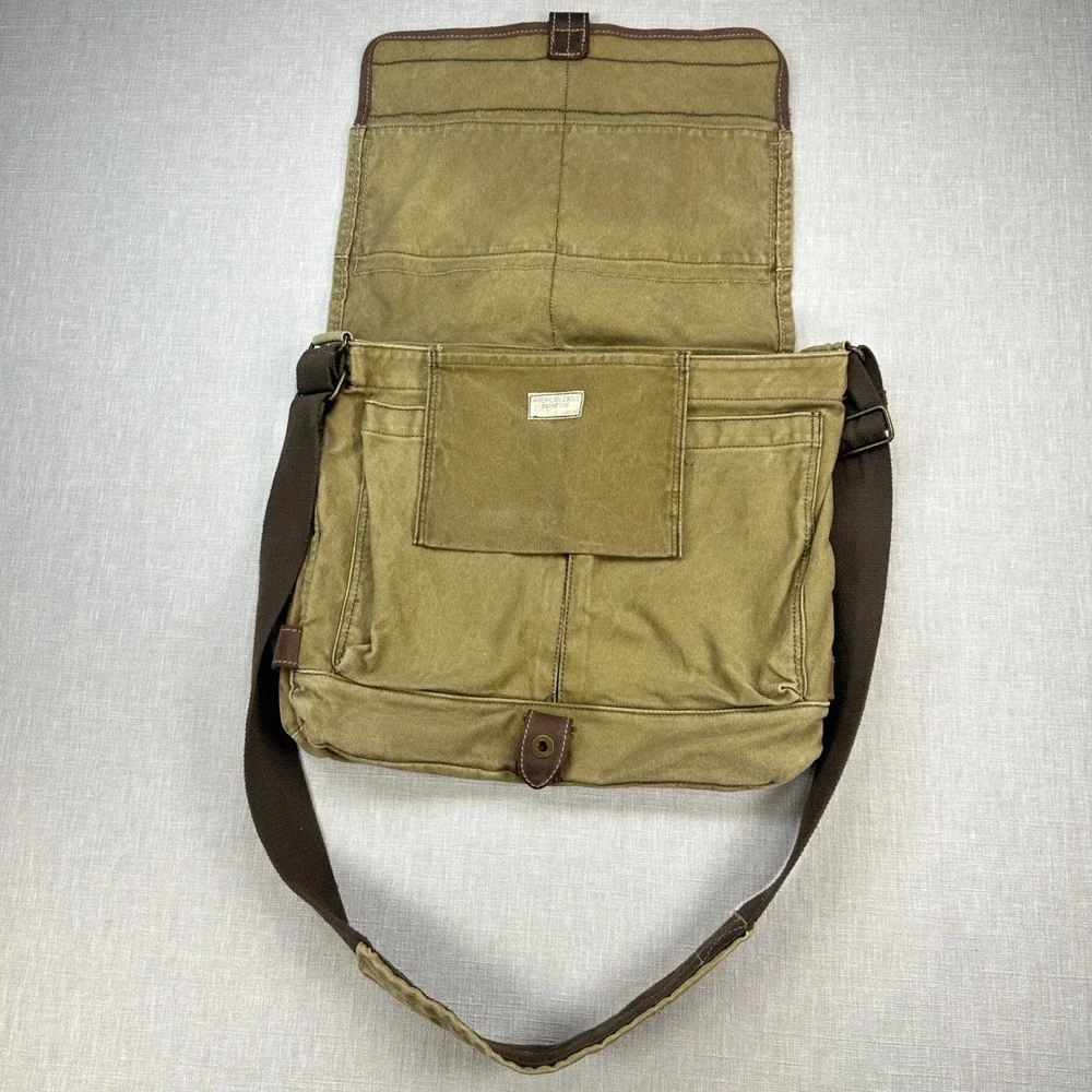 Vtg American Eagle Messenger Bag Khaki Canvas Utility Crossbody Adjustable Strap
